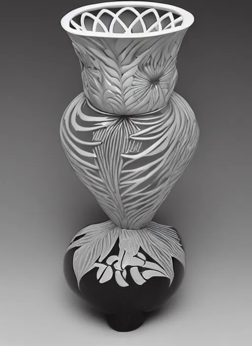 Prompt: Escher inspired flowerpot, with flowers, designed by Rene Lalique
