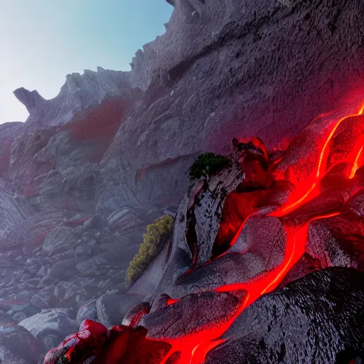 Image similar to satanic mountain goats with glowing red eyes on a sheer obsidian cliffside with lavaflow, lava waterfalls, photorealistic landscape render, octane render, vray, beautiful, ambient occlusion, particle effects, light bloom, rtx