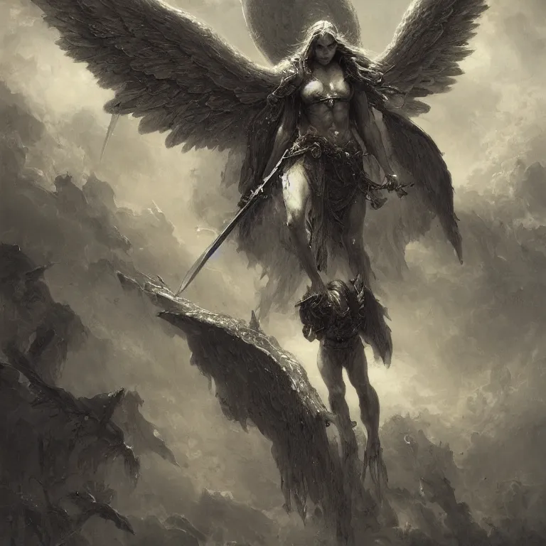 Prompt: Dark and dreary painting, a sword fight between an angel and a demon, angel with a halo on his head, demon has huge wings, by Gustave Dore, by greg rutkowski, trending on artstation