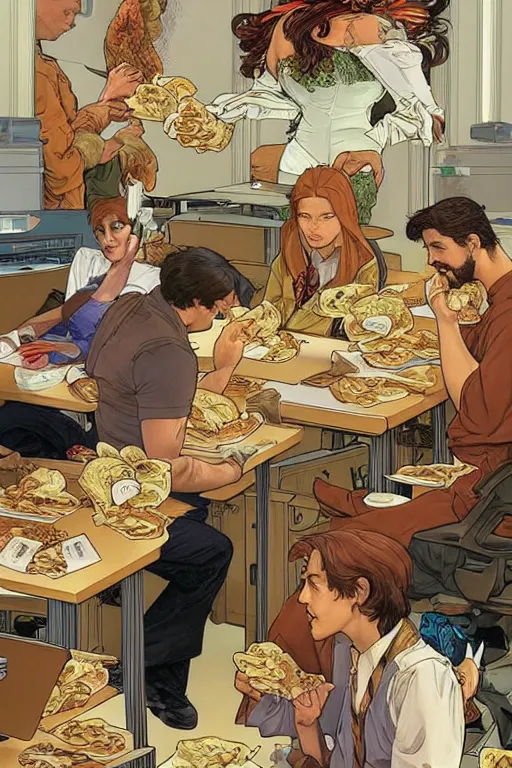 Prompt: a group of software engineers eat chicken sandwiches at their desks, by artgerm and moebius and alphonse mucha, hyperdetailed, dc comics, explosions in the sky, trending on deviantart