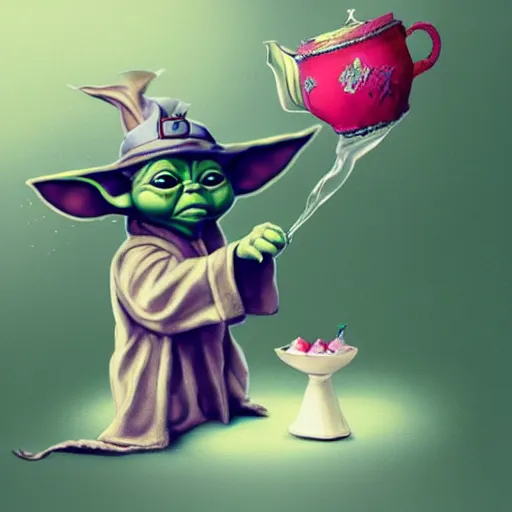 Prompt: baby yoda, tea party with the mad hatter, concept art, alice in wonderland, comic book art, matte painting, cute, trending on artstation, cinematic