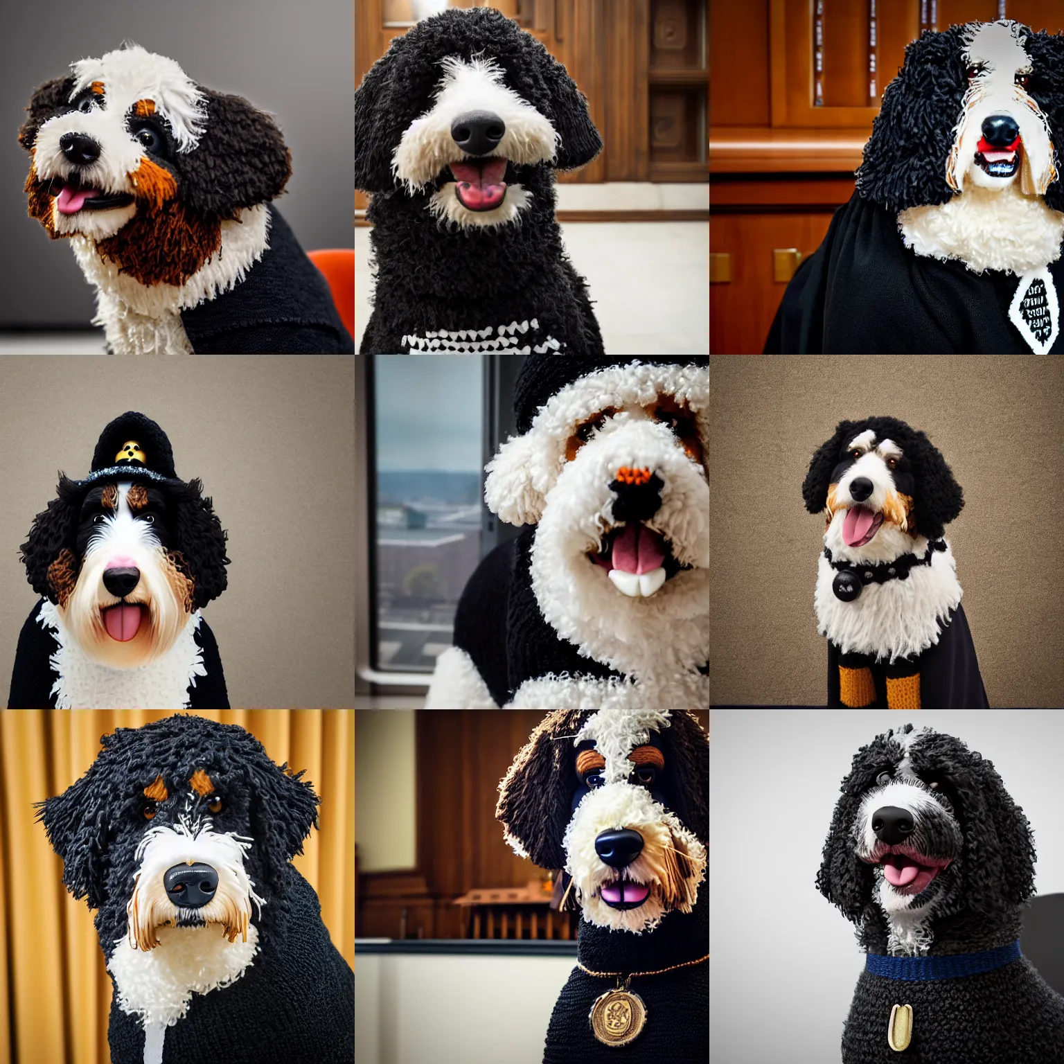 Prompt: a closeup photorealistic photograph of a smiling knitted bernedoodle judge dog dressed in a black gown, presiding over the courthouse. indoors, side profile, well lit shot. this 4 k hd image is trending on artstation, featured on behance, well - rendered, extra crisp, features intricate detail, epic composition and the style of unreal engine.