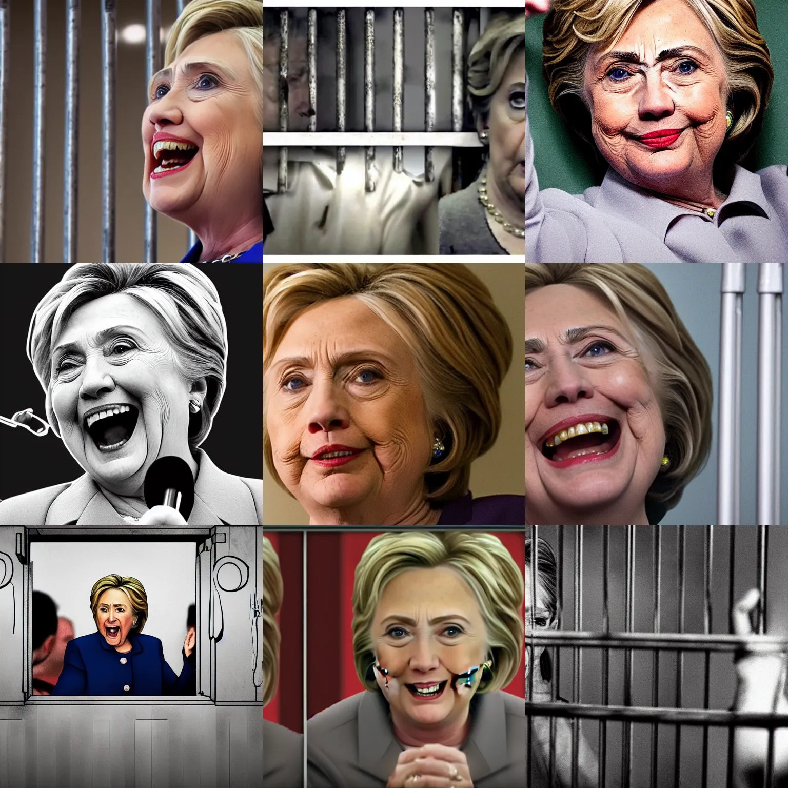 Prompt: Hillary Clinton behind bars, in a prison cell, crying. Donald Trump is the prison guard and he is very fat and laughing and pointing at her.. high details, cinematic, 8k resolution, beautiful detailed, insanely intricate details
