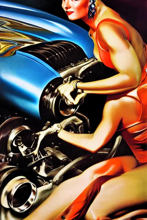 Image similar to muscular mechanic fixing a car engine painting by rolf armstrong, cool colors,