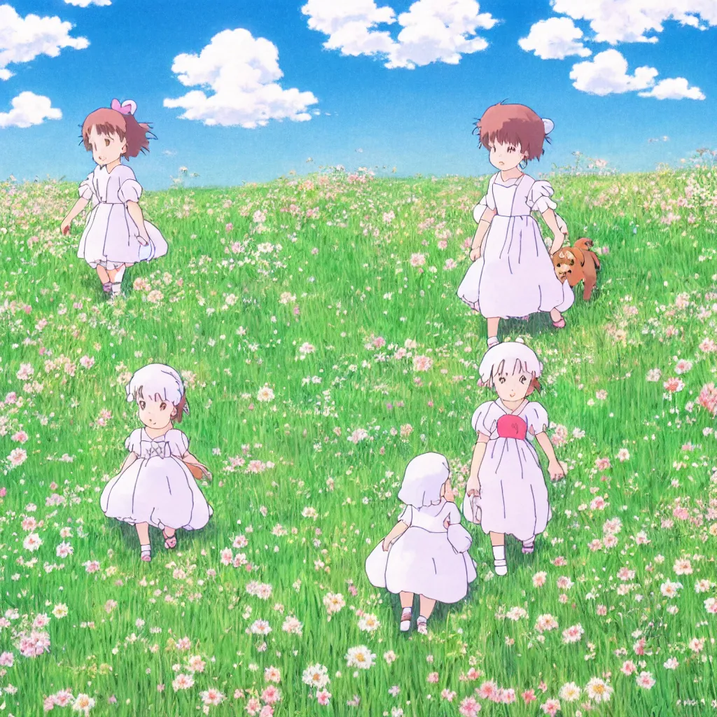 Image similar to little girl in princess dress with her puppy, walking through a field of flowers, puffy clouds, beautiful, summer, calm, studio ghibli, art by hayao miyazaki, makoto shinkai