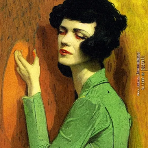 Image similar to dayglo yellow, fantastic planet loose, blocks by alfred augustus glendening. this illustration was painted in 1 9 3 7 during the guerra civil espanola. the woman in the illustration is weeping. she is wearing a black dress & a black veil. her face is distorted by grief. the illustration is dark & somber.