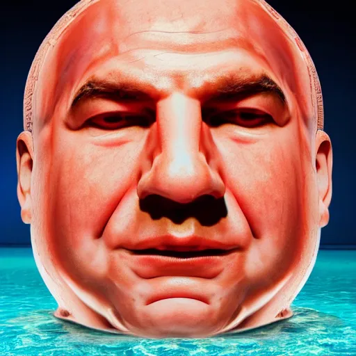 Image similar to a giant human head looking like benjamin netanyahu sculpture in the sea made out of juicy and transparent red jelly, long shot, hyper detailed, hyper realistic, ray tracing, 8 k resolution, sharp focus, realistic water, award winning