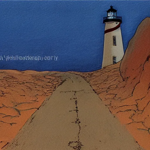 Prompt: A road leading to the lighthouse,dusk, by Ghibli