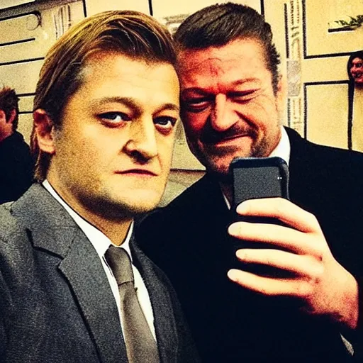 Image similar to “Joffrey Baratheon, taking a selfie with Ned Stark”