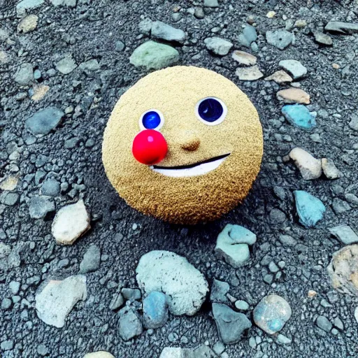 Prompt: photo of a round creature made of dirt and soil with tiny legs, with round blue eyes, a red clown nose, and a cute smile