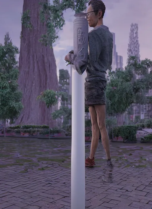 Image similar to a sculpture of a man standing next to a tall vase, a raytraced image by Hikari Shimoda, polycount, video art, vray tracing, ray tracing, rendered in unreal engine