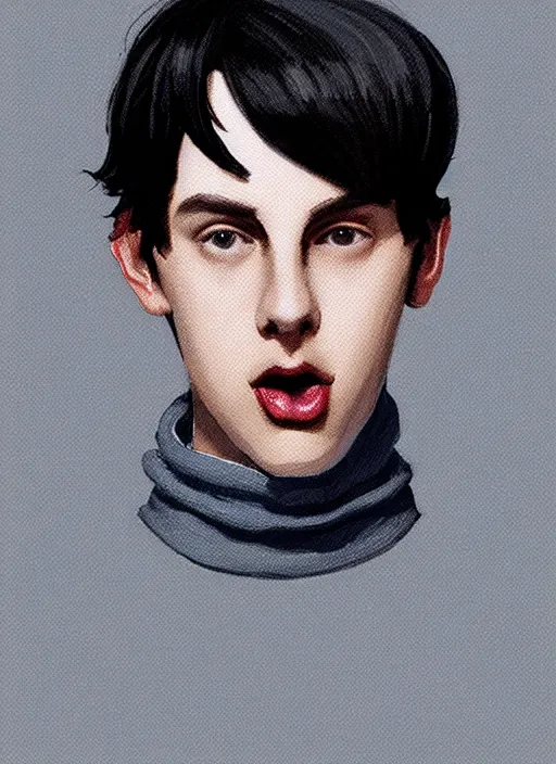 Image similar to portrait of teenage jughead jones wearing a light grey crown, crown, eating hamburger, blue turtleneck, eyes closed, crown, black hair, intricate, elegant, glowing lights, warm lighting, highly detailed, digital painting, artstation, concept art, smooth, sharp focus, illustration, art by wlop, mars ravelo and greg rutkowski