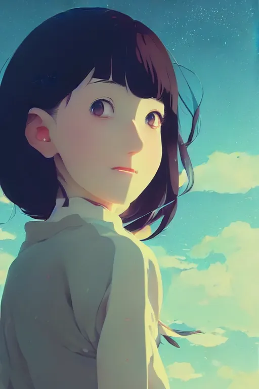 Image similar to portrait of a smiling girl by ilya kuvshinov, cloudy sky background lush landscape ln illustration concept art anime key visual trending pixiv by victo ngai fanbox by greg rutkowski makoto shinkai takashi takeuchi studio ghibli