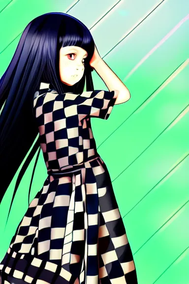 Image similar to mysterious girl child with her long black hair dressed in a chequered robe anime art style, big green diamond on her hand, digital art, hd, 4 k, hyper detailed