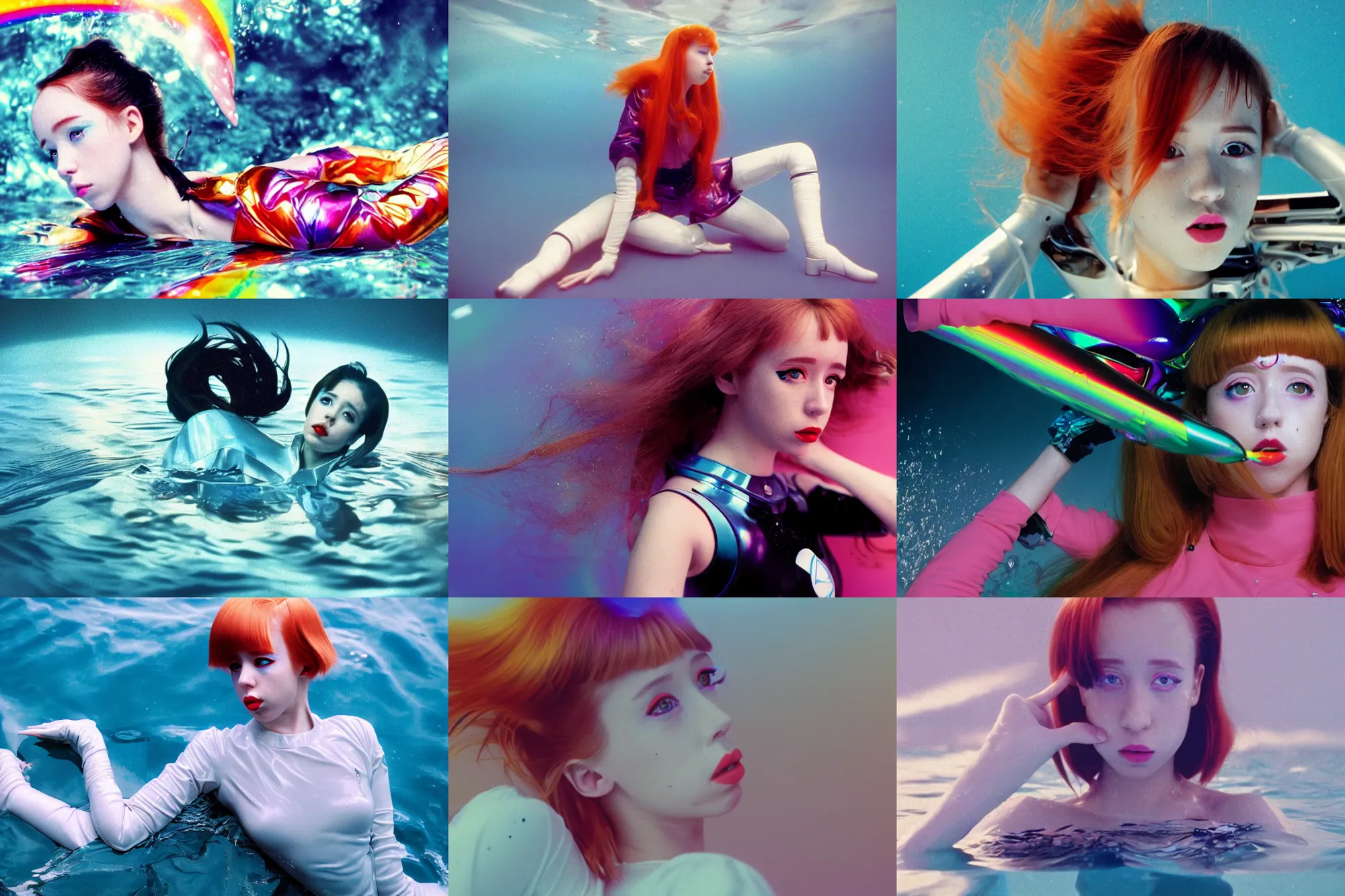 Prompt: Beautiful Holly Herndon style cottagecore seinen manga Fashion photography portrait tokyo top gun(1980) movie still from underwater space dance scene of model, pointé pose;pursed lips, athletic, gaze down,harajuku hair, wearing refracting rainbow diffusion wet plastic zaha hadid art nouveau designed specular highlights mecha vapor suit, half submerged in heavy sunset golden hour floods, water to waist, , ,eye contact, ultra realistic, Panavision Panaflex X , Technicolor, 8K, 35mm lens, three point perspective, tilt shift mirror kaleidoscope orbs background, extreme closeup portrait, chiaroscuro, highly detailed, devine composition golden ration, by moma, by Nabbteeri by Sergey Piskunov