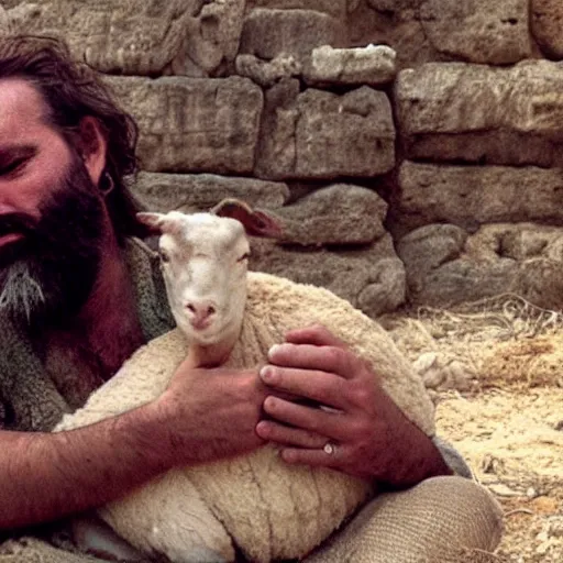 Image similar to cinematic still of depressed man with beard in ancient Canaanite clothing cradling a lamb, sad, anguished, somber, serious, directed by Terrence Malick