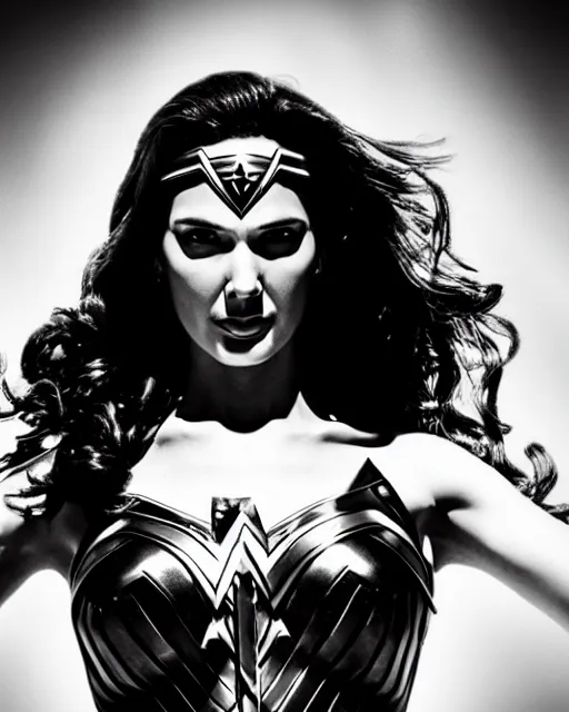 Prompt: wonderwoman portrait hd sharp monochrome noir photo with mix of gal Gadot and Linda Carter in frank Miller Alex Ross style detailed trending Leica Zeiss depth of field