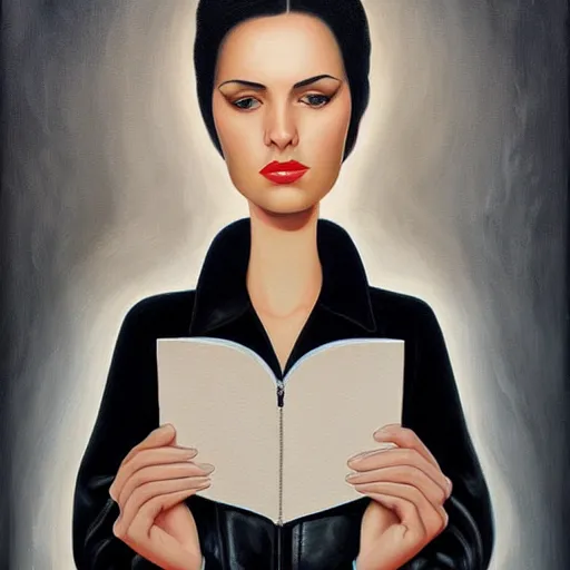 Prompt: a painting of a black haired woman in a leather jacket, an ultrafine detailed painting by rafal olbinski, behance contest winner, pop surrealism, detailed painting, very detailed, minimalist, skeuomorphic, airbrush art