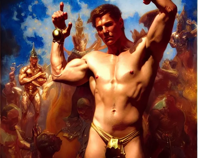 Image similar to muscular magician man, casting dark magic, summoning handsome devil. highly detailed painting by gaston bussiere, craig mullins, j. c. leyendecker, tom of finland, 8 k