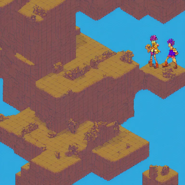 Prompt: screenshot from chrono trigger, isometric pixel art of a dramatically lit night time scene of two hikers wearing headphones and backpacks dancing quietly on a low rocky outcrop overlooking a wavy sea