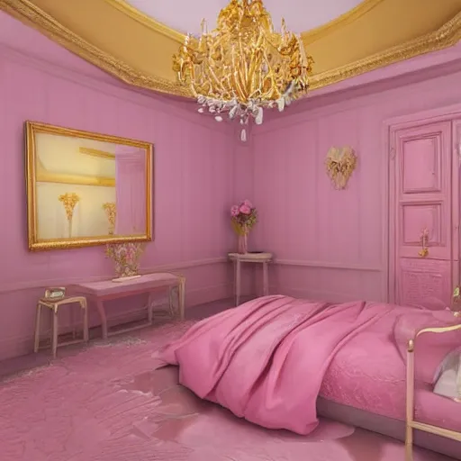 Prompt: a pink bedroom with gold walls, digital Painting, ultradetailed, artstation, oil Painting, ultradetailed, artstation