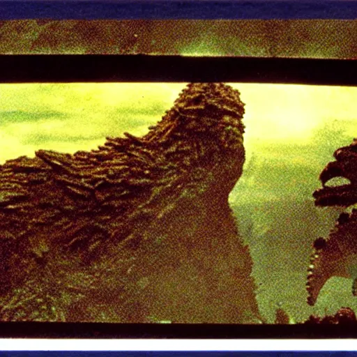 Image similar to wide scenic shot from the David Lynch production of Godzilla vs mechakraken, depicting several kaiju fighting. Cinematic, VHS copy, film grain, 35mm film.