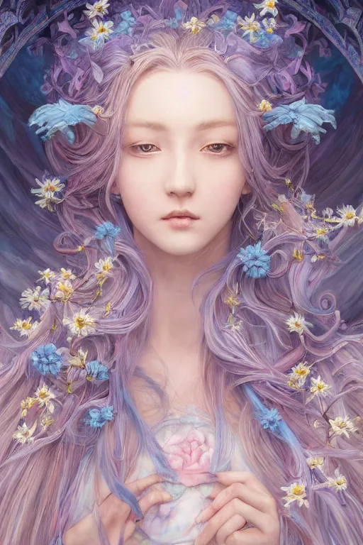 Prompt: breathtaking detailed soft painting of a knight queen with long flowing blue hair, pastel flower petals flying, art by pilyeon, yuumei art, symmetrical facial features, at dawn in front of a pristine golden art nouveau cathedral, elegant, volumetric lighting, highly detailed, artstation, concept art, matte, sharp focus,