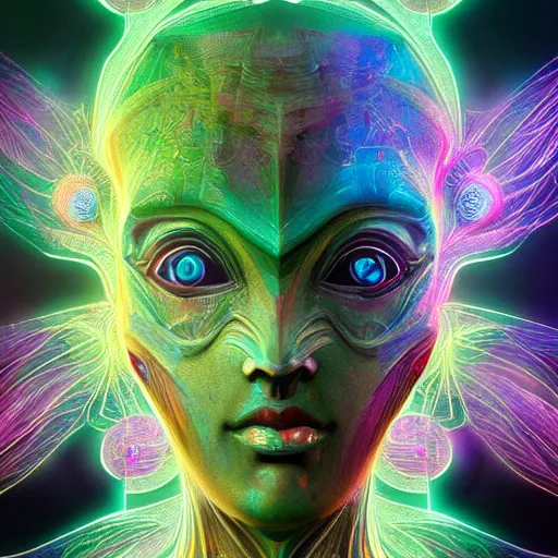 Image similar to Face of a Alien Deity, centered, corals, plume made of geometry, extremly detailed digital painting, sharp focus in the style of android jones, artwork of a futuristic artificial intelligence superstar with frames made of detailed circuits, mystical colors, rim light, beautiful lighting, 8k, stunning scene, raytracing, octane, under water visual distortion, dark tones colors, trending on artstation