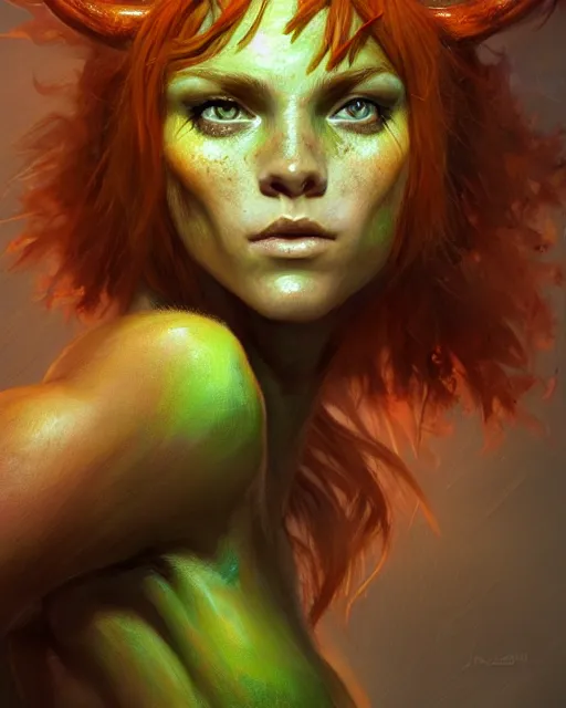 Image similar to muscular female druid, perfect face, thin antlers, green halter top, ginger hair, abs, cinematic, freckles, stunning, athletic, strong, agile, highly detailed, psychedelic, digital painting, artstation, smooth, hard focus, illustration, art by jessica rossier and and brian froud