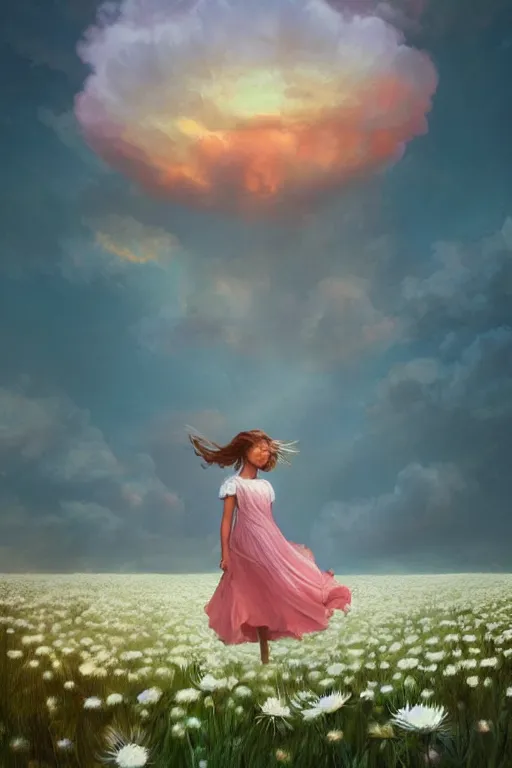 Image similar to veil giant white daisy flower as face, girl dancing in a flower field, surreal photography, sunrise, dramatic light, impressionist painting, colorful clouds, digital painting, artstation, simon stalenhag