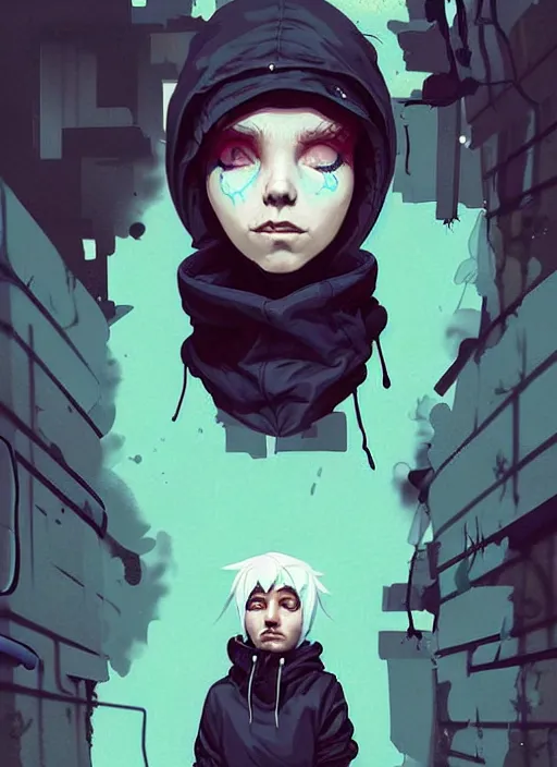 Image similar to highly detailed portrait of a sewer punk swedish lady, hoodie, white hair by atey ghailan, by greg rutkowski, by greg tocchini, by james gilleard, by joe fenton, by kaethe butcher, gradient blue, black, brown and cyan color scheme, grunge aesthetic!!! ( ( graffiti tag wall background ) )