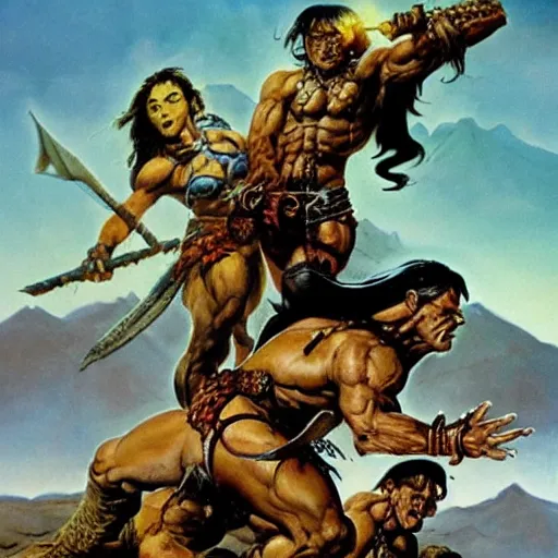 Image similar to warriors standing on a mountain of skulls. Artwork by Frank Frazetta and Boris Vallejo. Inspired by Conan the barbarian