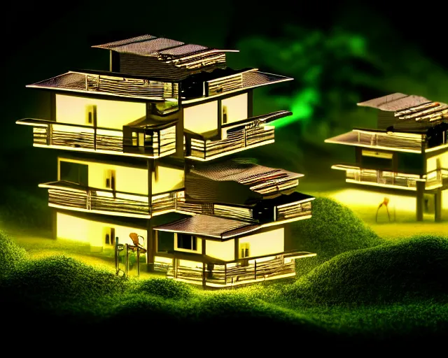 Image similar to connected ecovillage houses with solrarrofs - plant goddess high quality photo, microchip, artificial intelligence, bio - mechanical bio - luminescence, black wired cables, neurons, nerve cells, cinematic, rim light, photo - realistic, elegant, high detail, 8 k, masterpiece, high fashion, in the style of man ray