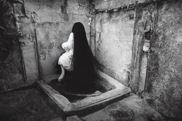 Image similar to vintage photo of a woman with long black hair wearing long white clothes crawling out of a well, eerie, japanese horror, highly detailed shot, dramatic 8 k uhd