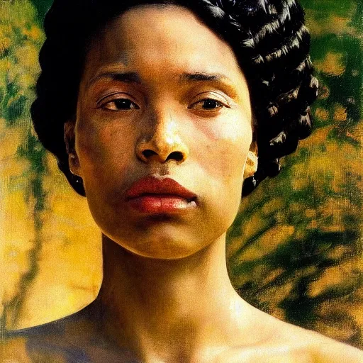 Prompt: A stunning masterful portrait of a confident Yoruba woman with braided hair and a scar on her cheek by Andrew Wyeth, John Singer Sargent, and Norman Rockwell, natural light, oil painting, ethereal, Wong Kar Wai, strong brushwork