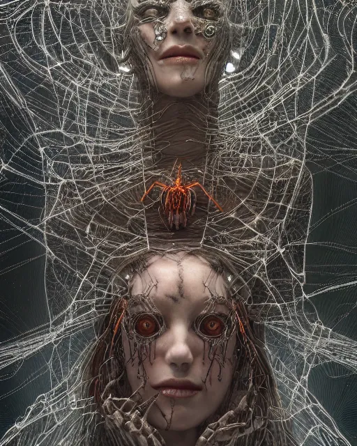 Image similar to timeless spiderwoman deity with circuitry skin and networked mind tripping on acid, intricate detail, royo, whealan, giger, klimt, hd, octane render, unreal engine,