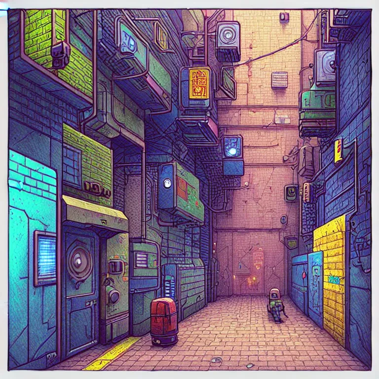 Prompt: an absurdly-detailed isometric cyberpunk alleyway colored-pencil drawing as a fancy square tile