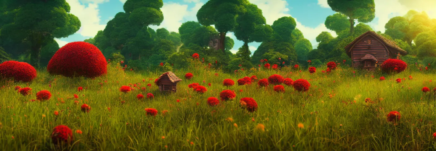 Image similar to crimson - black beehive, in a beautiful forest meadow village landscape, flowers, happy trees, photorealistic, octane render, rtx, hdr, unreal engine, digital art widescreen 8 k, studio ghibli, bob ross, pixar, bee movie, disney