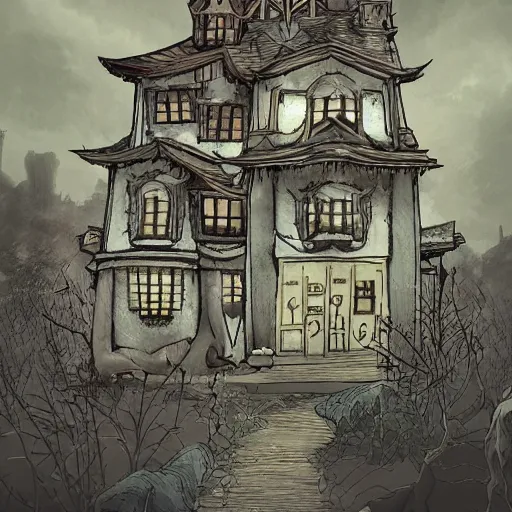 Image similar to scary view of a house in the nightmare realm in the style of studio ghibli, trending on artstation, detailed, scary, nightmare, studio ghibli