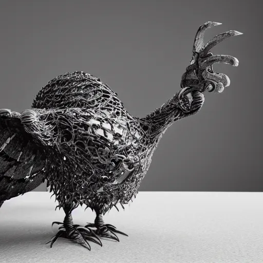 Prompt: evil steel chicken, hyper detailed, photorealistic, octane render, trending at cgstation, rule of thirds, 8 k.