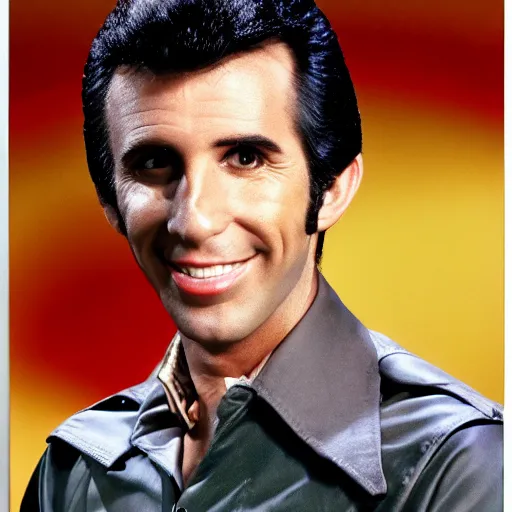 Prompt: screenshot fonz portrait from 70s comedy unhappy TV show unhappy days