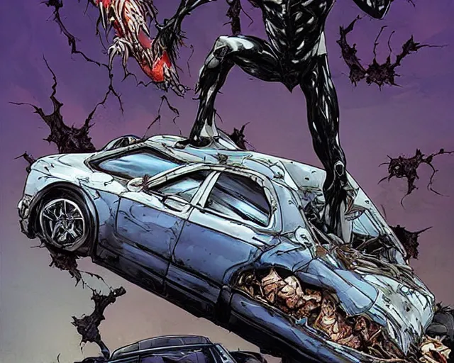 Image similar to Venom standing on top of a wrecked car in the city, open arms art by Clayton Crain and Gerardo Sandoval