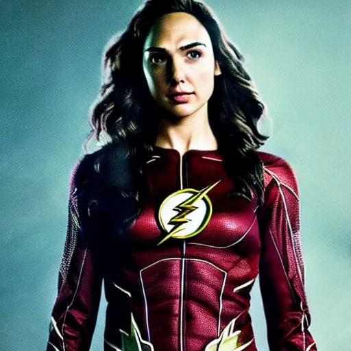 Prompt: an potrait of gal gadot cast of the flash, and wearing a flash suit, photorealistic, high detail, full body shot.