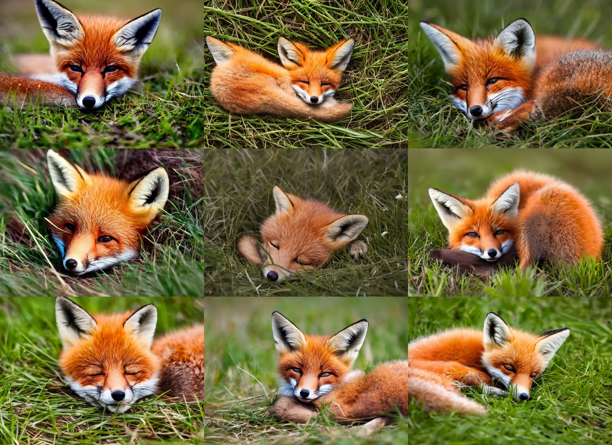 Prompt: a baby fox sleeping in grass, stock photo by Marten Post, featured on pexels, sharp focus, shiny eyes, national geographic photo