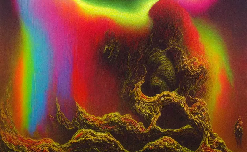 Prompt: a painting of the rainbow sparks terror in hearts unpure, biomorphic, highly detailed, surrealist painting by beksinski, alex grey and melted plastic, oil on canvas, trending on artstation