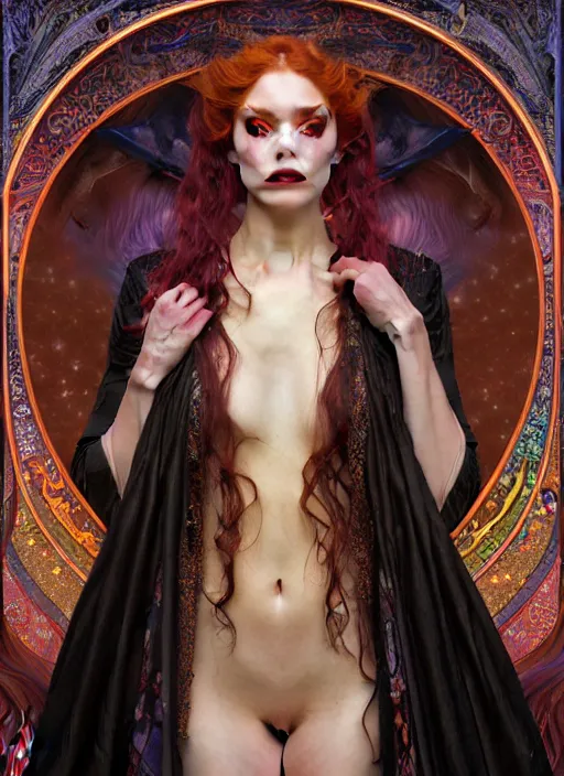 Image similar to hyper detailed masterpiece vampire girl duchess by donato giancola and tom bagshaw, face by artgerm and edmund leighton, and alphonse mucha, trending on artstation, colorful, psychedelic aesthetic, ornate, background by gustav klimt, 8 k, black gothic, majestic, volumetric lighting, porcelain skin, concept art, sharp focus