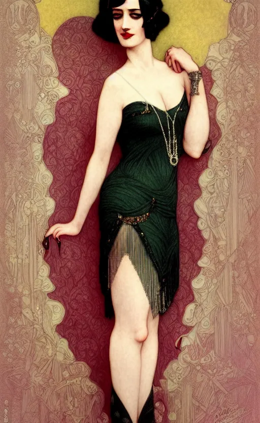 Image similar to flapper girl eva green, vesper lynd, vannessa ives, intricate, highly detailed, artstation, illustration, jurgens, rutkowski, bouguereau, mucha, roaring 20s, 1920s, gaudy color