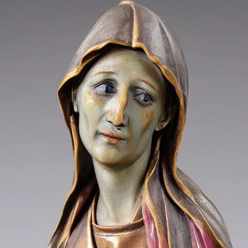 Image similar to holy roman chalkware bust of a crying our lady of sorrows antique painted sacred Catholic pearlescent coloring
