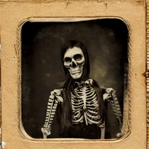 Prompt: tintype photograph of an renegade skeleton cowboy outlaw at the bar in a dusty old west town saloon, volumetric lighting, cinematic, bokeh