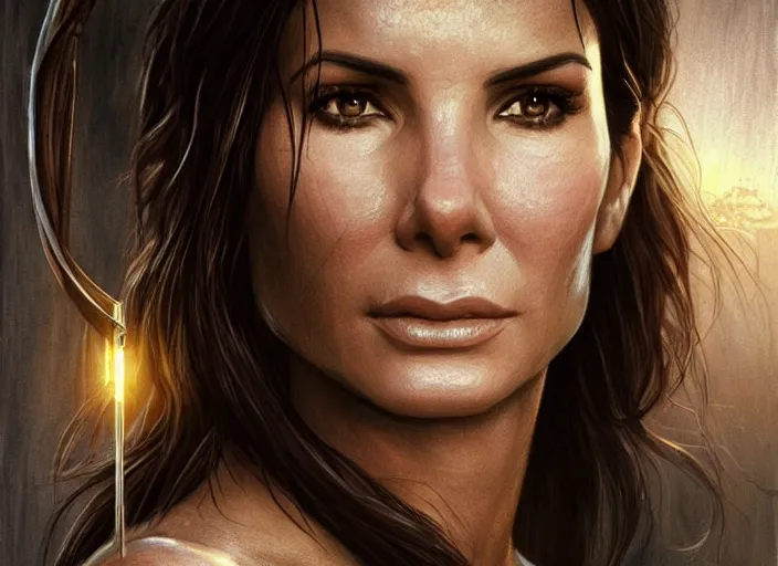 Image similar to face portrait of concentrated young Sandra Bullock as Lara Croft entering the large Minas Tirith gate, sun beams, intricate, elegant, highly detailed, centered, digital painting, artstation, concept art, smooth, sharp focus, illustration, Allan Lee, John Howe